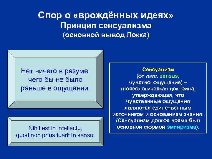 Спор о «врождённых идеях» Принцип сенсуализма (основной вывод Локка) Нет ничего в разуме, чего