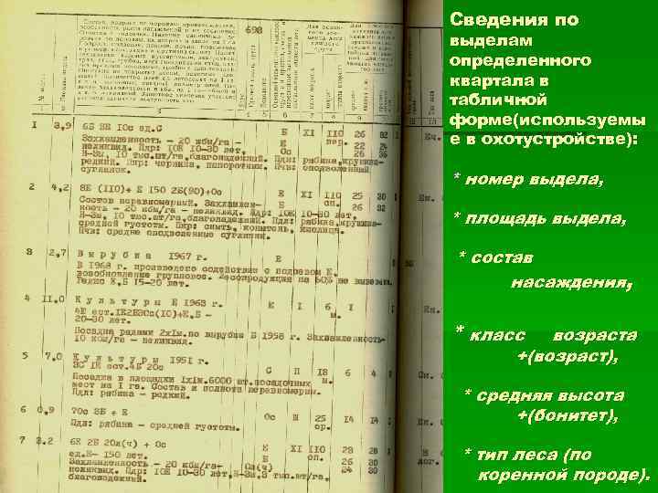 Сведения по выделам определенного квартала в табличной форме(используемы е в охотустройстве): * номер выдела,