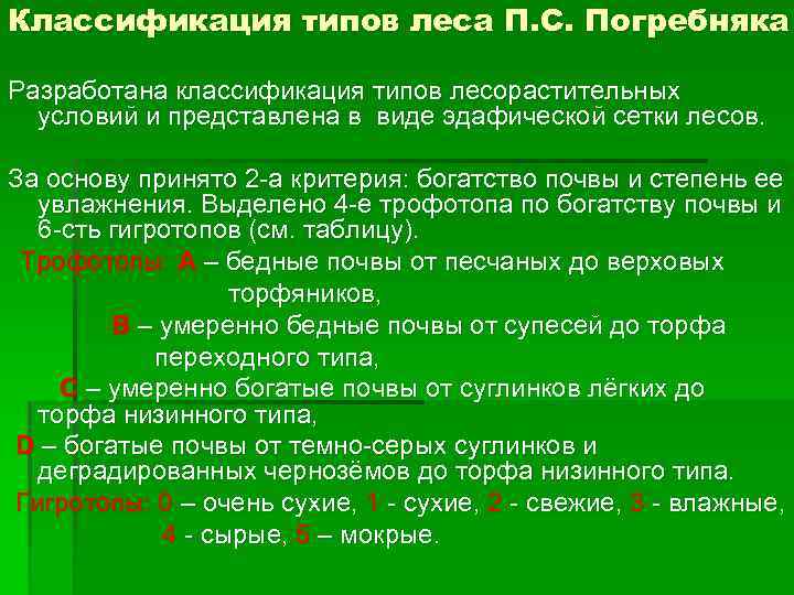 Классификация типов леса П. С. Погребняка Разработана классификация типов лесорастительных условий и представлена в