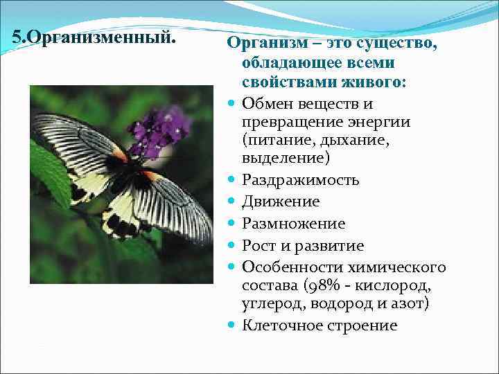 5. Организменный. Организм – это существо, обладающее всеми свойствами живого: Обмен веществ и превращение