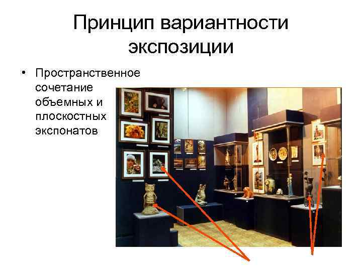 Принцип вариантности экспозиции • Пространственное сочетание объемных и плоскостных экспонатов 