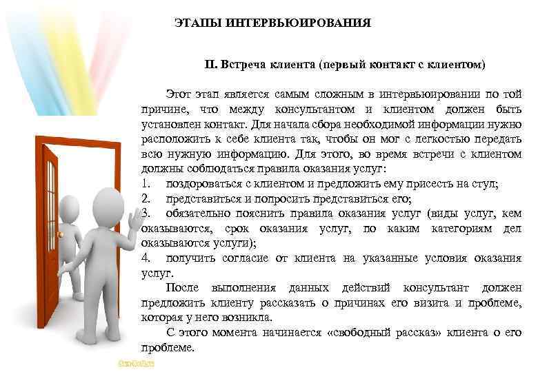 ЭТАПЫ ИНТЕРВЬЮИРОВАНИЯ II. Встреча клиента (первый контакт с клиентом) Этот этап является самым сложным
