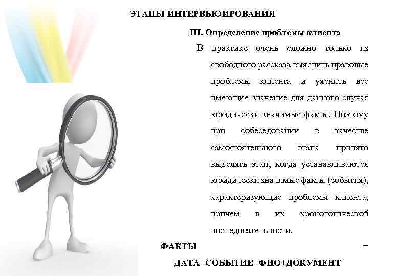 ЭТАПЫ ИНТЕРВЬЮИРОВАНИЯ III. Определение проблемы клиента В практике очень сложно только из свободного рассказа