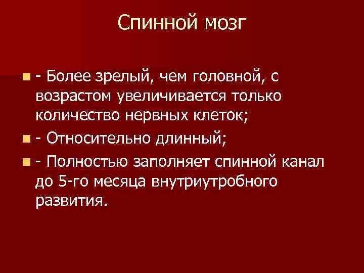 Спинной мозг n Более зрелый, чем головной, с возрастом увеличивается только количество нервных клеток;