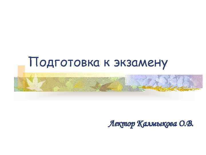Подготовка к экзамену Лектор Калмыкова О. В. 