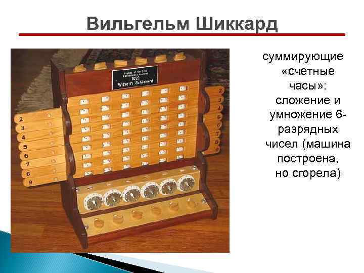 Вильгельм Шиккард суммирующие «счетные часы» : сложение и умножение 6 разрядных чисел (машина построена,
