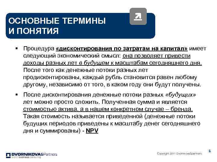 ОСНОВНЫЕ ТЕРМИНЫ И ПОНЯТИЯ § Процедура «дисконтирования по затратам на капитал» имеет следующий экономический