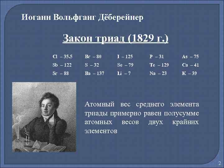 Иоганн Вольфганг Дёберейнер Закон триад (1829 г. ) Cl – 35. 5 Br –