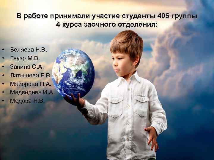 В работе принимали участие студенты 405 группы 4 курса заочного отделения: • • Беляева
