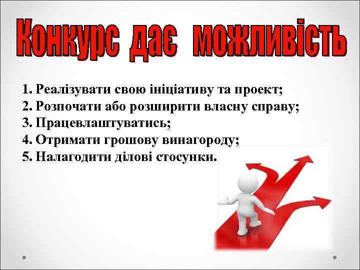 1. Реалізувати свою ініціативу та проект; 2. Розпочати або розширити власну справу; 3. Працевлаштуватись;