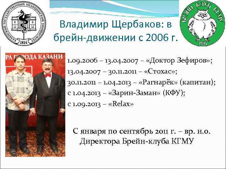 Владимир Щербаков: в брейн-движении с 2006 г. 1. 09. 2006 – 13. 04. 2007