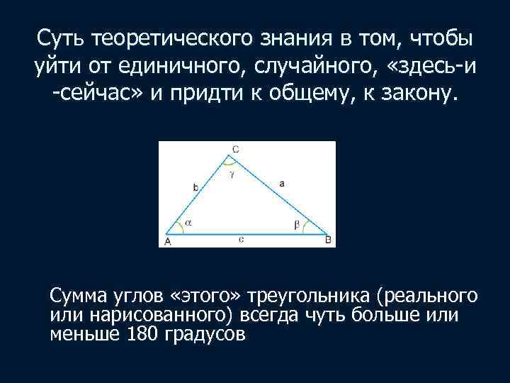 Суть теоретического знания в том, чтобы уйти от единичного, случайного, «здесь-и -сейчас» и придти