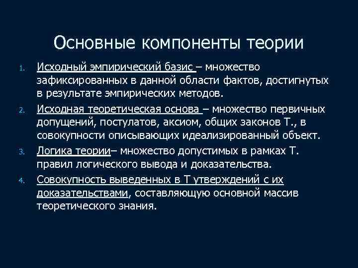 Основные компоненты теории 1. 2. 3. 4. Исходный эмпирический базис – множество зафиксированных в