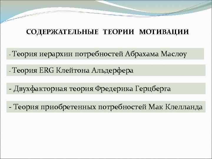 СОДЕРЖАТЕЛЬНЫЕ ТЕОРИИ МОТИВАЦИИ - Теория иерархии потребностей Абрахама Маслоу - Теория ERG Клейтона Альдерфера