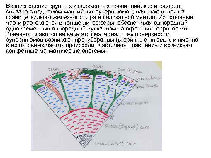 Возникновение крупных изверженных провинций, как я говорил, связано с подъемом мантийных суперплюмов, начинающихся на