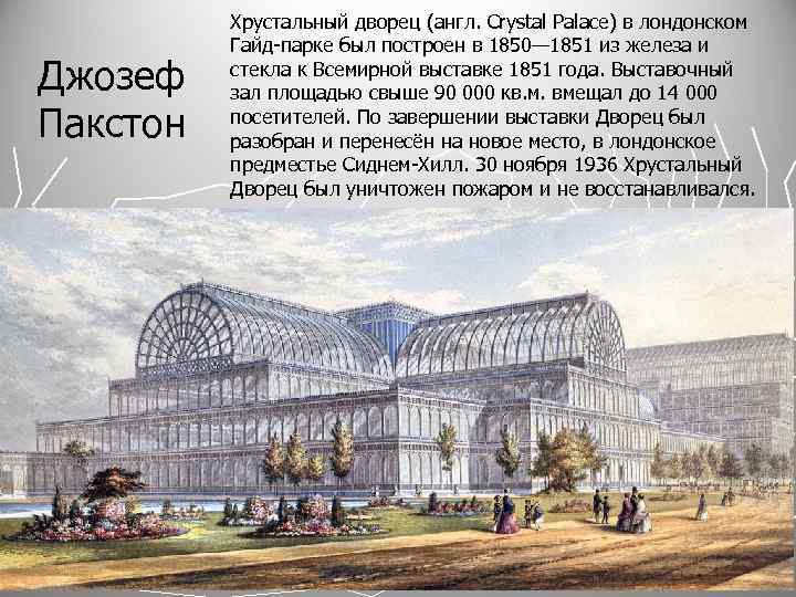 Джозеф Пакстон Хрустальный дворец (англ. Crystal Palace) в лондонском Гайд-парке был построен в 1850—