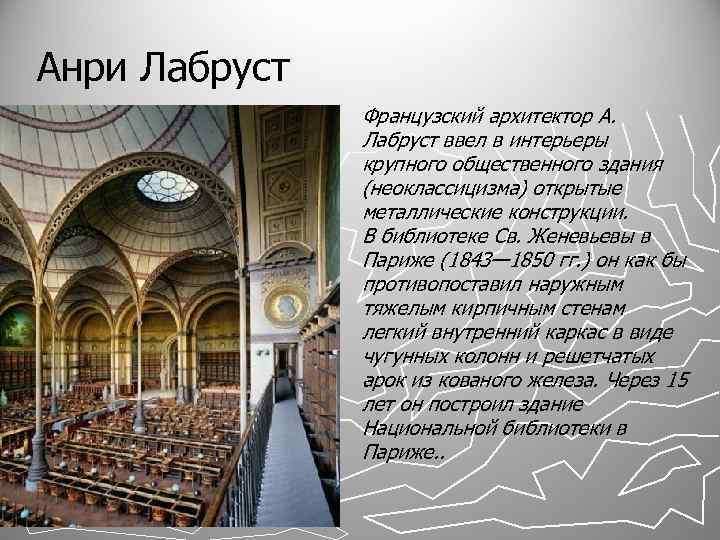 Анри Лабруст Французский архитектор А. Лабруст ввел в интерьеры крупного общественного здания (неоклассицизма) открытые