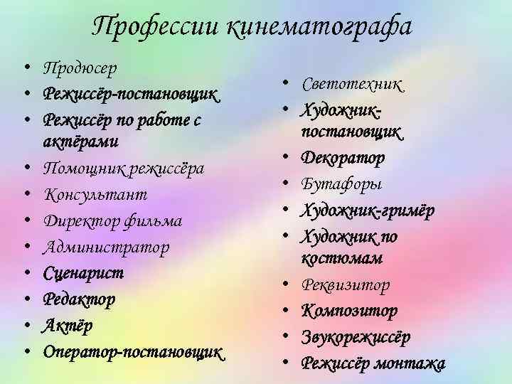 Профессии кинематографа • Продюсер • Режиссёр-постановщик • Режиссёр по работе с актёрами • Помощник
