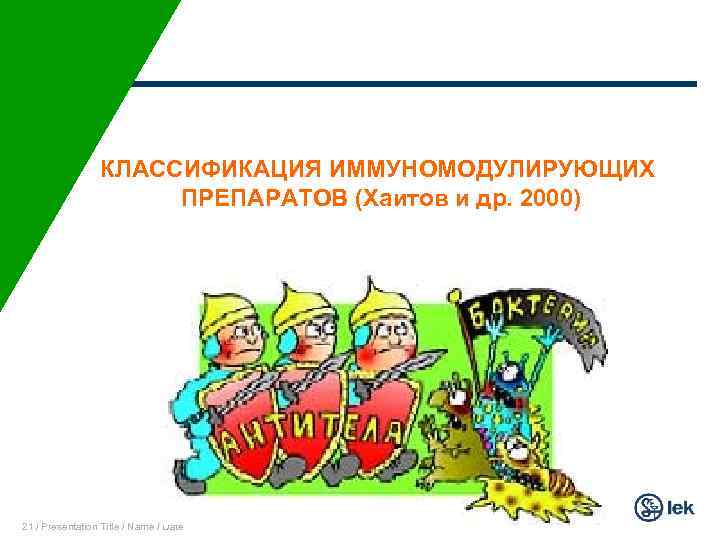 КЛАССИФИКАЦИЯ ИММУНОМОДУЛИРУЮЩИХ ПРЕПАРАТОВ (Хаитов и др. 2000) 21 / Presentation Title / Name /