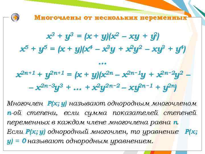 Многочлены от нескольких переменных 2 х3 + у3 = (х + у)(х2 – ху