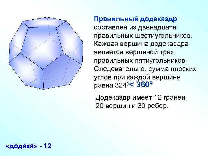 Правильный додекаэдр составлен из двенадцати правильных шестиугольников. Каждая вершина додекаэдра является вершиной трех правильных