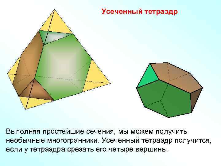Усеченный тетраэдр Выполняя простейшие сечения, мы можем получить необычные многогранники. Усеченный тетраэдр получится, если
