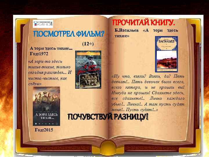 ПРОЧИТАЙ КНИГУ. ПОСМОТРЕЛ ФИЛЬМ? А зори здесь тихие. . . Год: 1972 «А зори-то