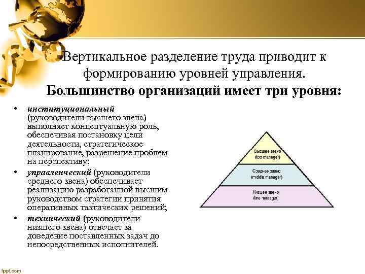 Вертикальное разделение труда приводит к формированию уровней управления. Большинство организаций имеет три уровня: •