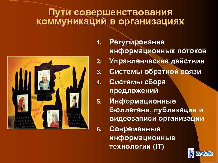Пути совершенствования коммуникаций в организациях 1. 2. 3. 4. 5. 6. Регулирование информационных потоков