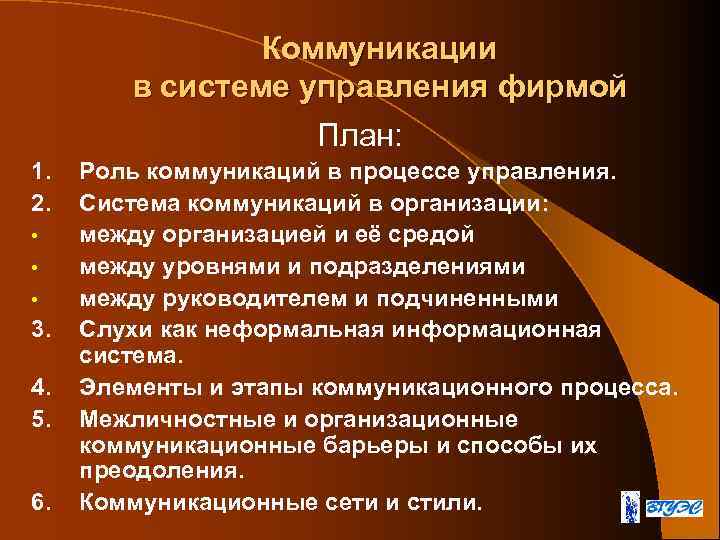Коммуникации в системе управления фирмой План: 1. 2. • • • 3. 4. 5.