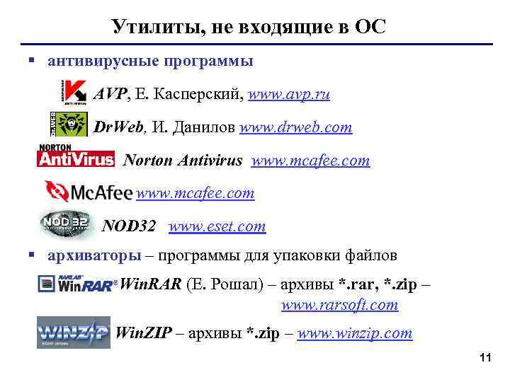 Утилиты, не входящие в ОС § антивирусные программы AVP, Е. Касперский, www. avp. ru