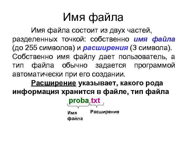 Имя файла состоит из двух частей, разделенных точкой: собственно имя файла (до 255 символов)