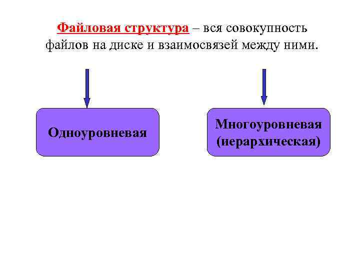 Файловая структура – вся совокупность файлов на диске и взаимосвязей между ними. Одноуровневая Многоуровневая