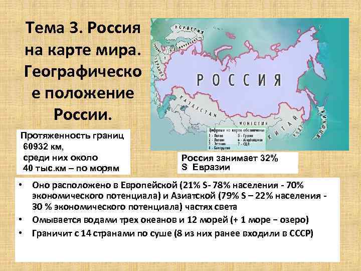Тема 3. Россия на карте мира. Географическо е положение России. Протяженность границ 60932 км,