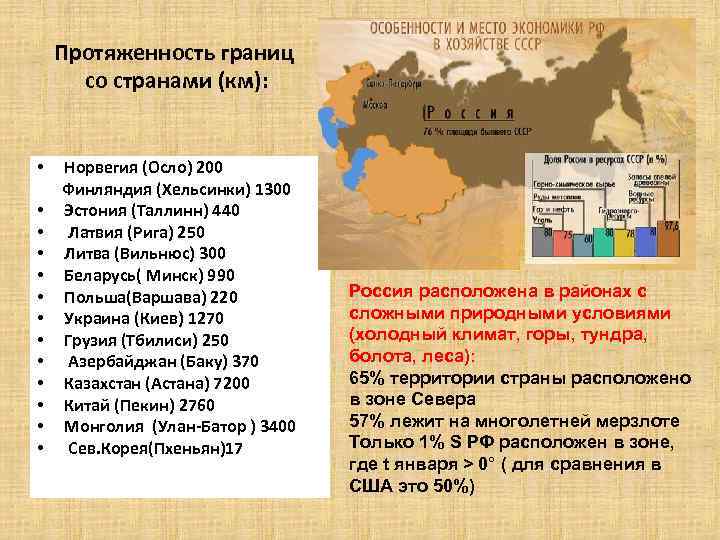 Протяженность границ со странами (км): • Норвегия (Осло) 200 Финляндия (Хельсинки) 1300 • Эстония