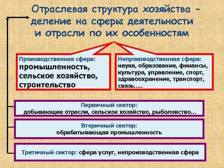 Отраслевая структура хозяйства деление на сферы деятельности и отрасли по их особенностям Производственная сфера: