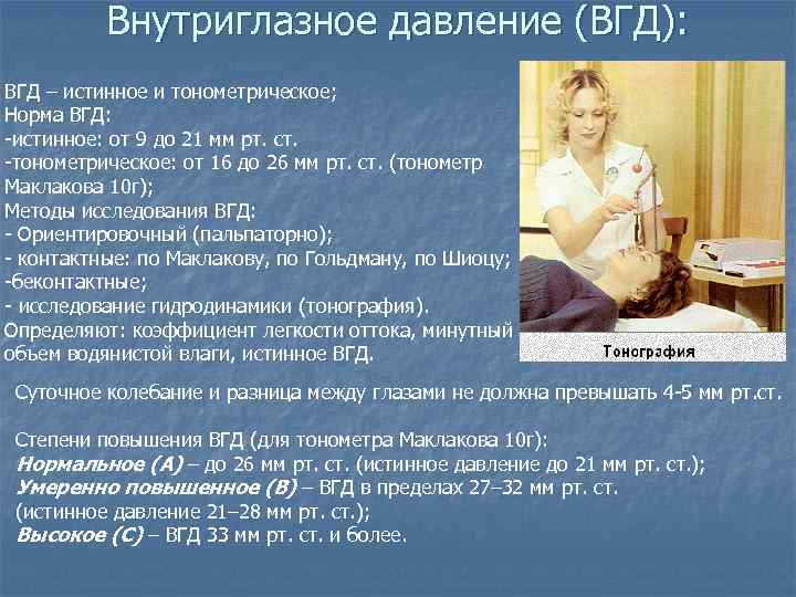 Внутриглазное давление (ВГД): ВГД – истинное и тонометрическое; Норма ВГД: -истинное: от 9 до