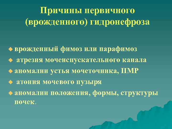 Причины первичного (врожденного) гидронефроза u врожденный фимоз или парафимоз атрезия мочеиспускательного канала u аномалии