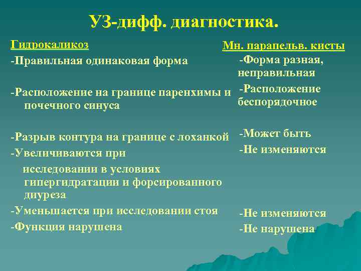 УЗ-дифф. диагностика. Гидрокаликоз -Правильная одинаковая форма Мн. парапельв. кисты -Форма разная, неправильная -Расположение на