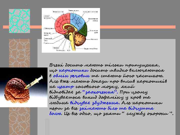 Вчені досить мають тільки припущення, що наркотики досить швидко включаються в обмін речовин та