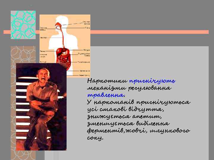 Наркотики пригнічують механізми регулювання травлення. У наркоманів пригнічуються усі смакові відчуття, знижується апетит, зменшується