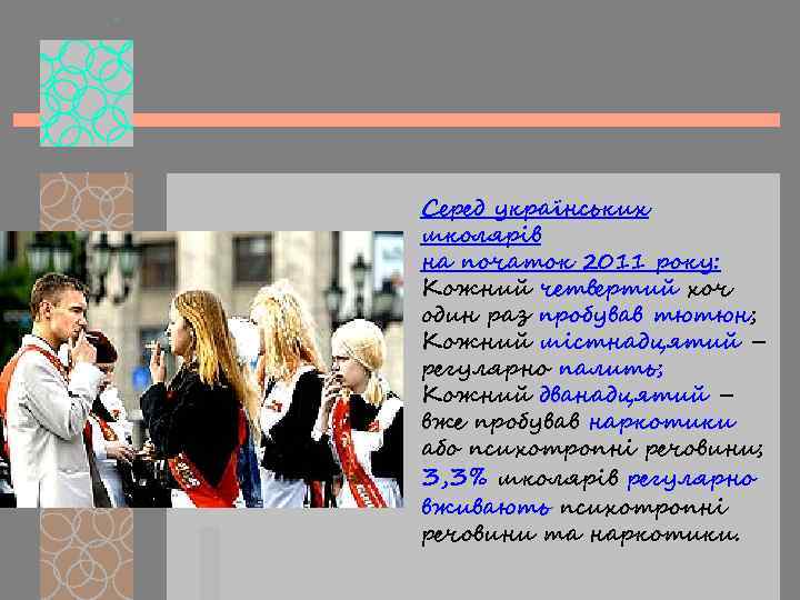 Серед українських школярів на початок 2011 року: Кожний четвертий хоч один раз пробував тютюн;