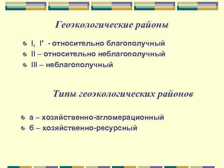 Геоэкологические районы I, I' - относительно благополучный II – относительно неблагополучный III – неблагополучный