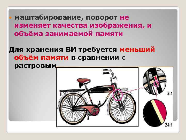  маштабирование, поворот не изменяет качества изображения, и объёма занимаемой памяти Для хранения ВИ