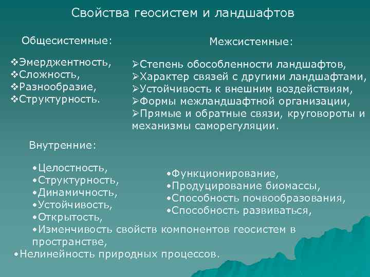 Свойства геосистем и ландшафтов Общесистемные: v. Эмерджентность, v. Сложность, v. Разнообразие, v. Структурность. Межсистемные: