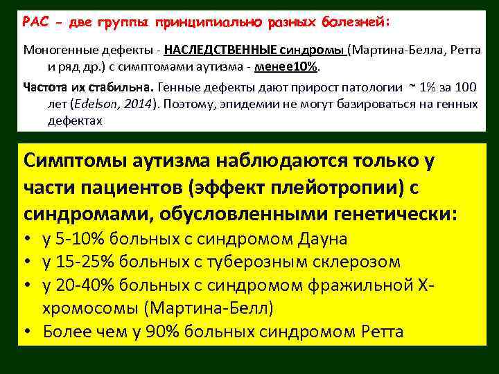 РАС - две группы принципиально разных болезней: Моногенные дефекты - НАСЛЕДСТВЕННЫЕ синдромы (Мартина-Белла, Ретта
