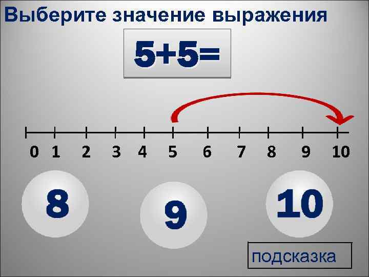 Выберите значение выражения 5+5= 0 1 2 3 4 5 6 7 8 9