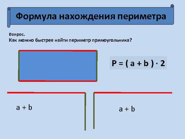 Формула нахождения периметра Вопрос. Как можно быстрее найти периметр прямоугольника? P=(a+b)· 2 a+b 