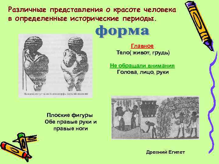 Различные представления о красоте человека в определенные исторические периоды. Главное Тело( живот, грудь) Не