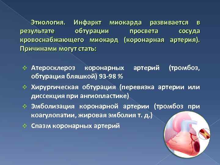 Этиология. Инфаркт миокарда развивается в результате обтурации просвета сосуда кровоснабжающего миокард (коронарная артерия). Причинами